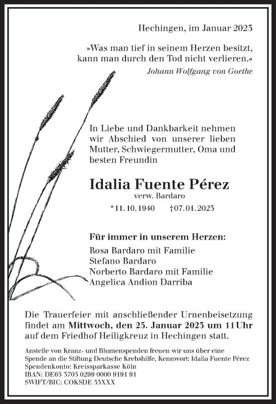 Traueranzeige von Idalia Fuente Pérez von Metzinger-Uracher Volksblatt