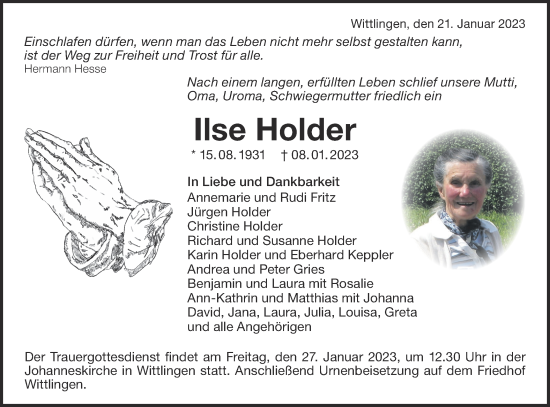 Traueranzeige von Ilse Holder von Metzinger-Uracher Volksblatt