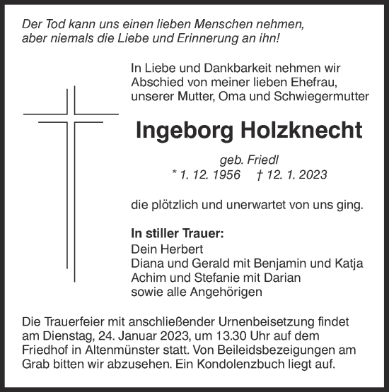 Traueranzeige von Ingeborg Holzknecht von Hohenloher Tagblatt