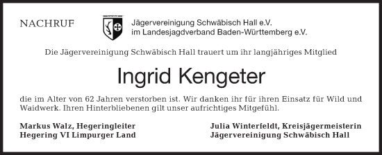 Traueranzeige von Ingrid Kengeter von Rundschau Gaildorf