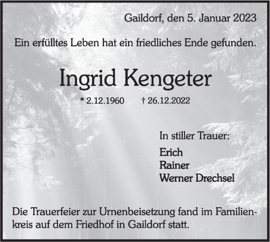 Traueranzeige von Ingrid Kengeter von Rundschau Gaildorf