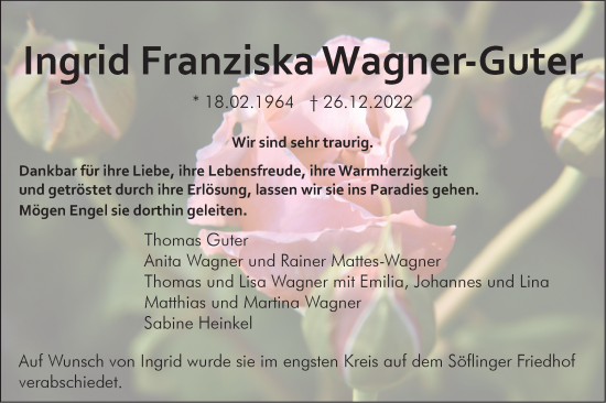 Traueranzeige von Ingrid Franziska Wagner-Guter von SÜDWEST PRESSE Ausgabe Ulm/Neu-Ulm