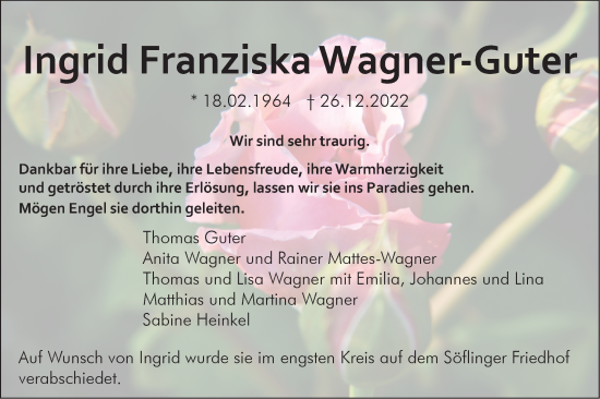 Traueranzeige von Ingrid Franziska Wagner-Guter von SÜDWEST PRESSE Ausgabe Ulm/Neu-Ulm