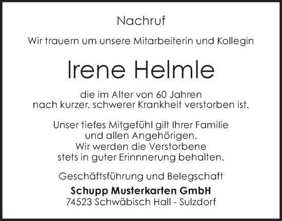 Traueranzeige von Irene Helmle von Rundschau Gaildorf