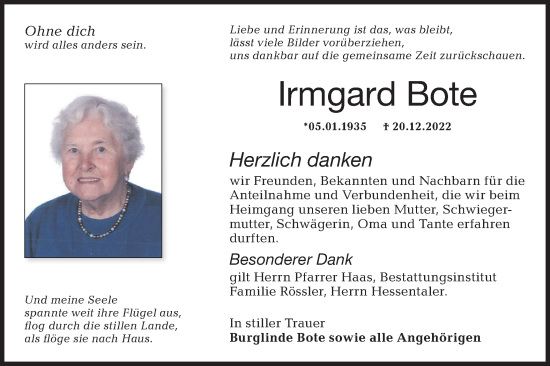 Traueranzeige von Irmgard Bote von Haller Tagblatt