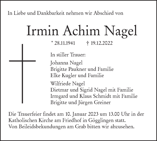 Traueranzeige von Irmin Achim Nagel von SÜDWEST PRESSE Ausgabe Ulm/Neu-Ulm