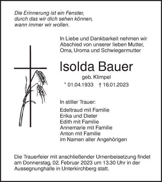 Traueranzeige von Isolda Bauer von SÜDWEST PRESSE Ausgabe Ulm/Neu-Ulm