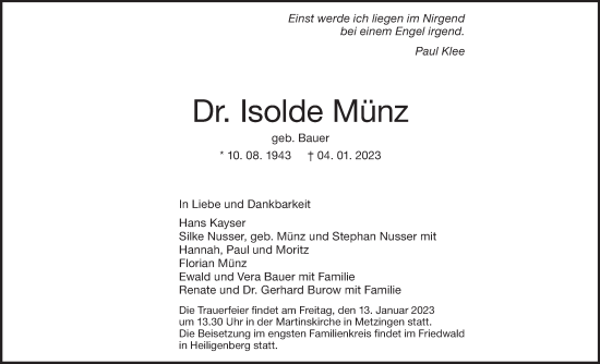 Traueranzeige von Isolde Münz von Metzinger-Uracher Volksblatt