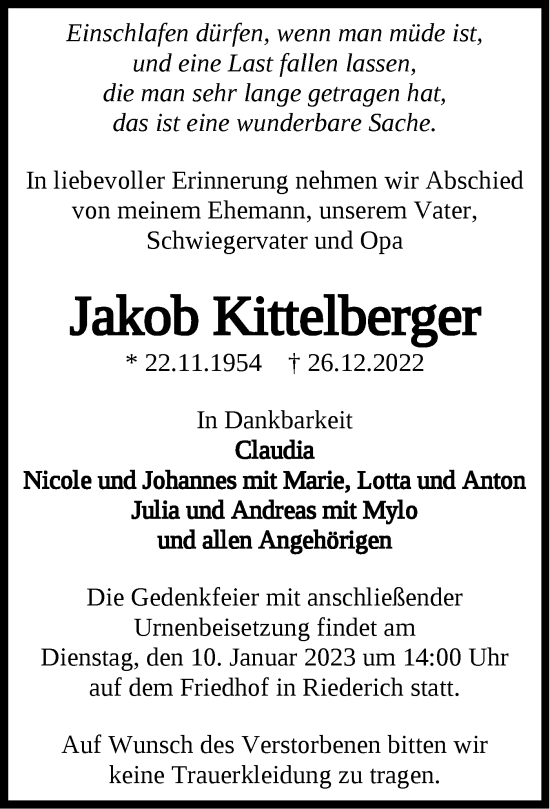 Traueranzeige von Jakob Kittelberger von Metzinger-Uracher Volksblatt