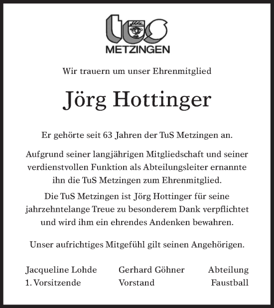 Traueranzeige von Jörg Hottinger von Alb-Bote/Metzinger-Uracher Volksblatt