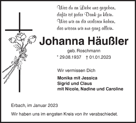 Traueranzeige von Johanna Häußler von SÜDWEST PRESSE Ausgabe Ulm/Neu-Ulm