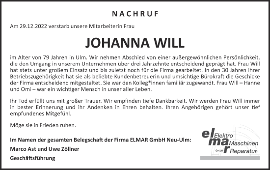 Traueranzeige von Johanna Will von SÜDWEST PRESSE Ausgabe Ulm/Neu-Ulm