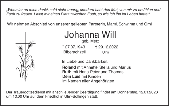 Traueranzeige von Johanna Will von SÜDWEST PRESSE Ausgabe Ulm/Neu-Ulm