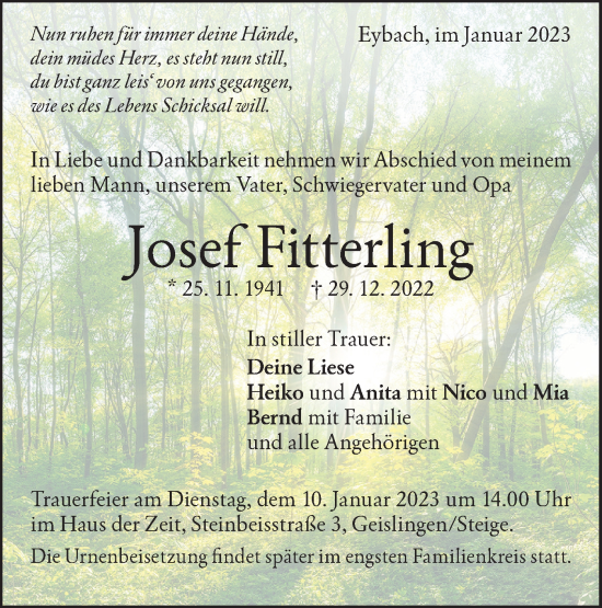 Traueranzeige von Josef Fitterling von NWZ Neue Württembergische Zeitung/Geislinger Zeitung