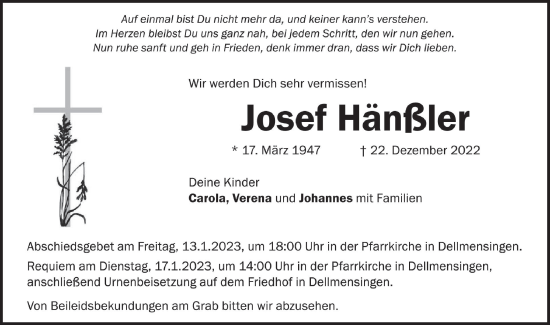 Traueranzeige von Josef Hänßler von SÜDWEST PRESSE Ausgabe Ulm/Neu-Ulm