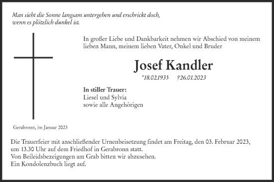 Traueranzeige von Josef Kandler von Hohenloher Tagblatt