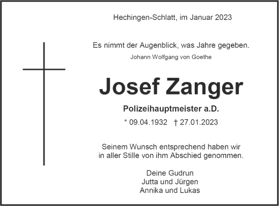 Traueranzeige von Josef Zanger von Metzinger-Uracher Volksblatt