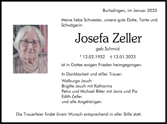 Traueranzeige von Josefa Zeller von Metzinger-Uracher Volksblatt