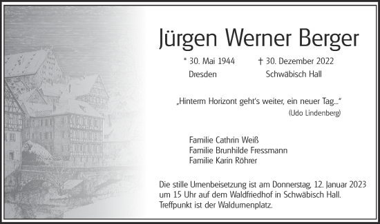 Traueranzeige von Jürgen Werner Berger von Haller Tagblatt