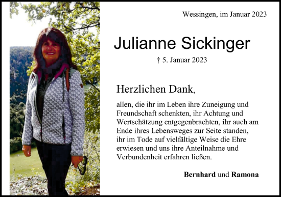 Traueranzeige von Julianne Sickinger von Metzinger-Uracher Volksblatt