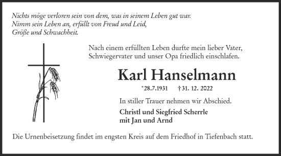 Traueranzeige von Karl Hanselmann von Hohenloher Tagblatt