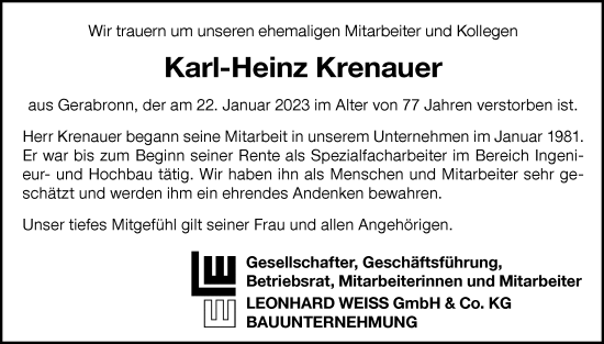 Traueranzeige von Karl-Heinz Krenauer von Hohenloher Tagblatt