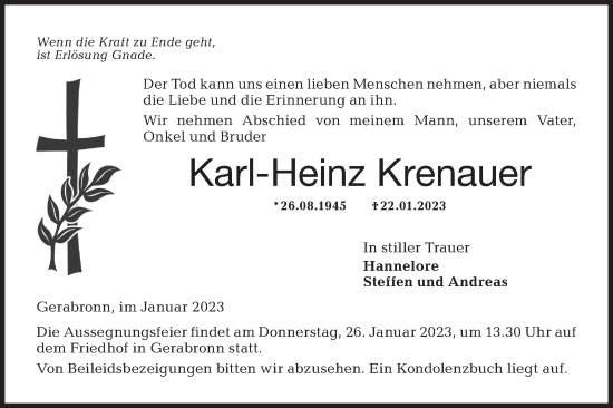 Traueranzeige von Karl-Heinz Krenauer von Hohenloher Tagblatt