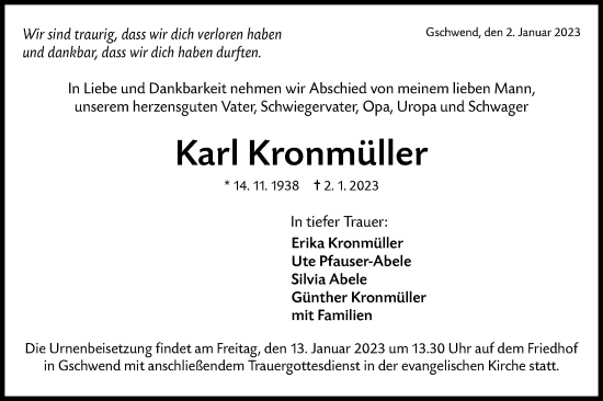 Traueranzeige von Karl Kronmüller von Rundschau Gaildorf