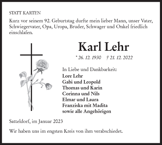 Traueranzeige von Karl Lehr von Hohenloher Tagblatt