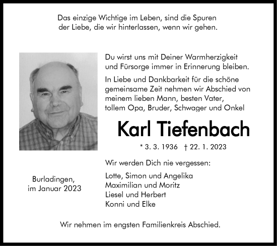 Traueranzeige von Karl Tiefenbach von Metzinger-Uracher Volksblatt