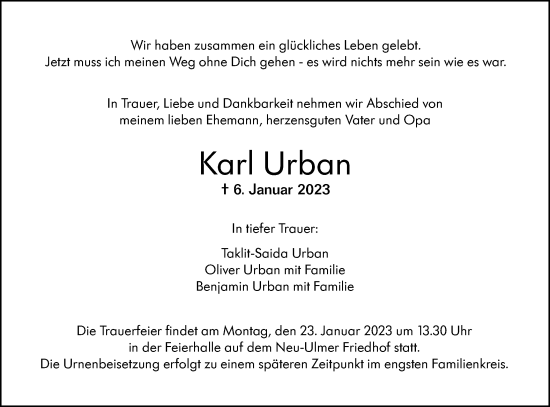 Traueranzeige von Karl Urban von SÜDWEST PRESSE Ausgabe Ulm/Neu-Ulm