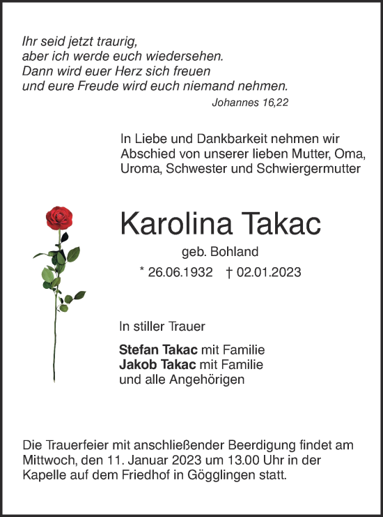 Traueranzeige von Karolina Takac von SÜDWEST PRESSE Ausgabe Ulm/Neu-Ulm