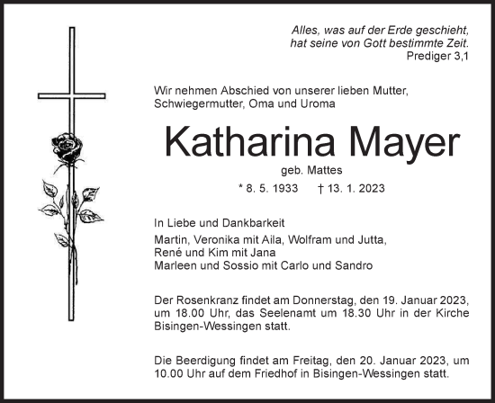 Traueranzeige von Katharina Mayer von Metzinger-Uracher Volksblatt