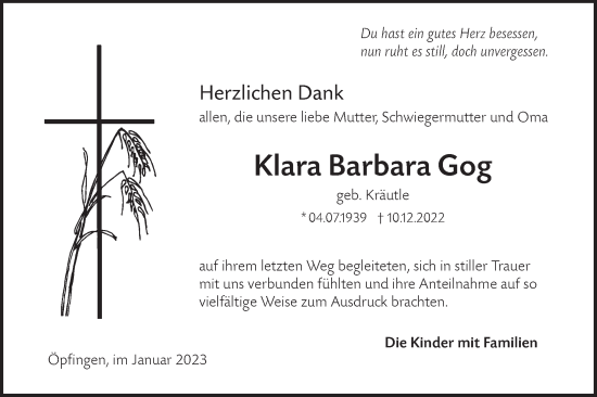 Traueranzeige von Klara Barbara Gog von Ehinger Tagblatt