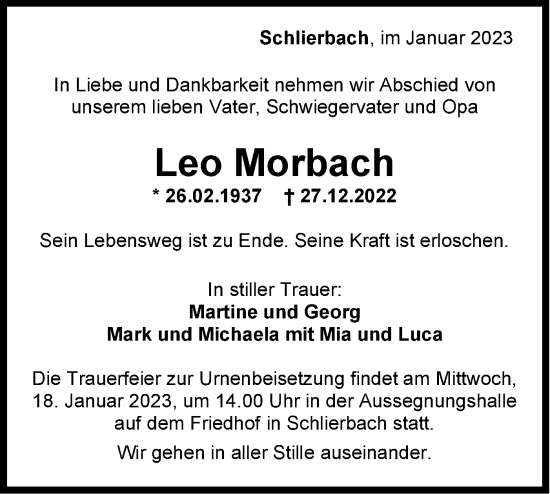 Traueranzeige von Leo Morbach von NWZ Neue Württembergische Zeitung