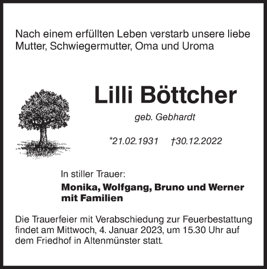 Traueranzeige von Lilli Böttcher von Hohenloher Tagblatt