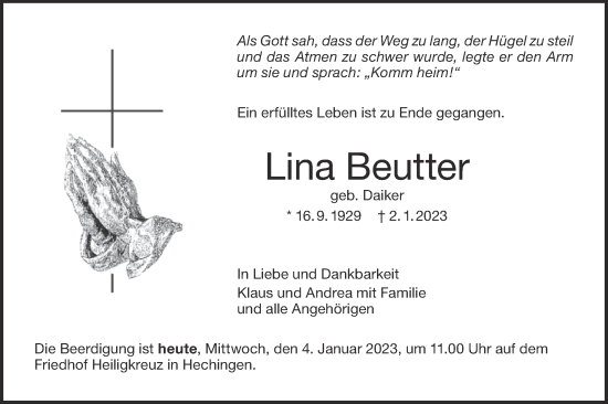 Traueranzeige von Lina Beutter von Metzinger-Uracher Volksblatt