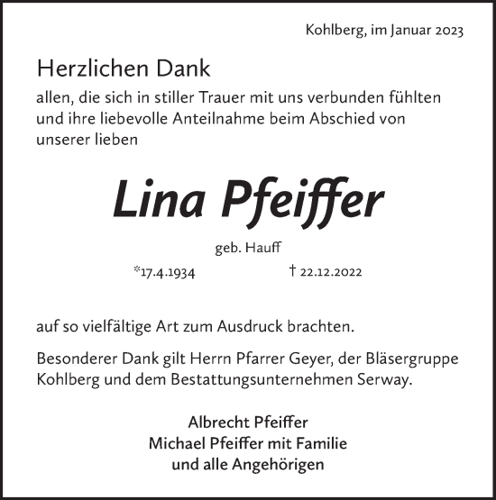 Traueranzeige von Lina Pfeiffer von Metzinger-Uracher Volksblatt