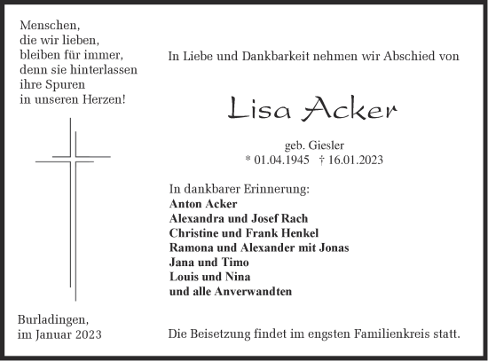 Traueranzeige von Lisa Acker von Metzinger-Uracher Volksblatt