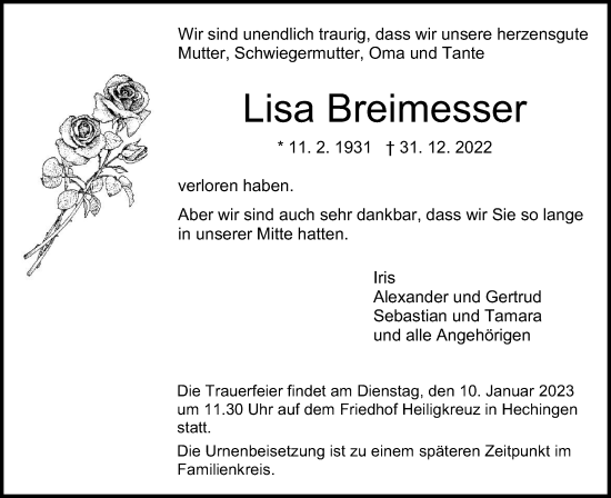 Traueranzeige von Lisa Breimesser von Metzinger-Uracher Volksblatt