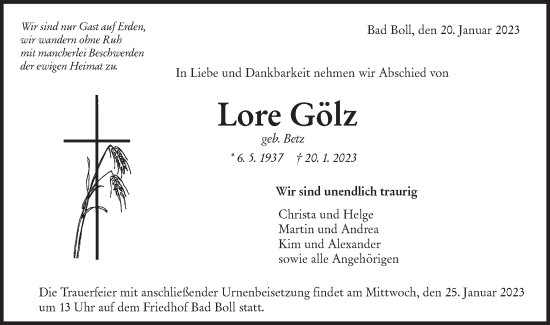 Traueranzeige von Lore Gölz von NWZ Neue Württembergische Zeitung