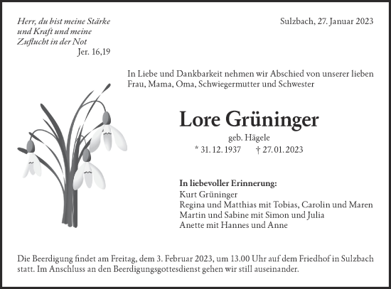 Traueranzeige von Lore Grüninger von Rundschau Gaildorf