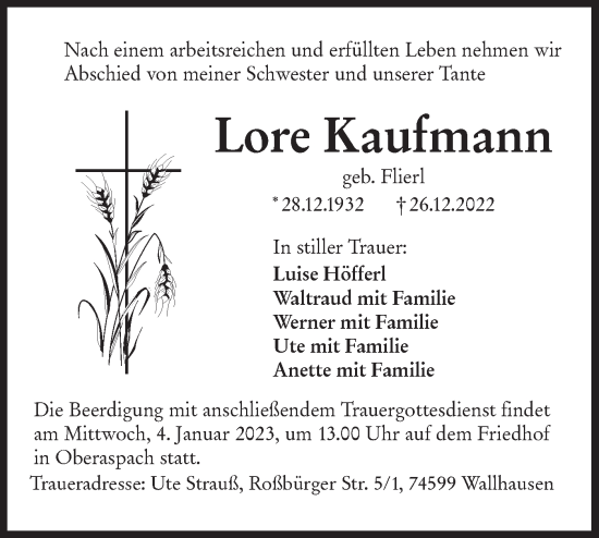 Traueranzeige von Lore Kaufmann von Haller Tagblatt