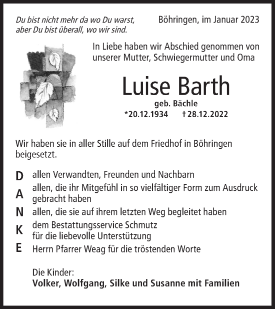 Traueranzeige von Luise Barth von Alb-Bote/Metzinger-Uracher Volksblatt