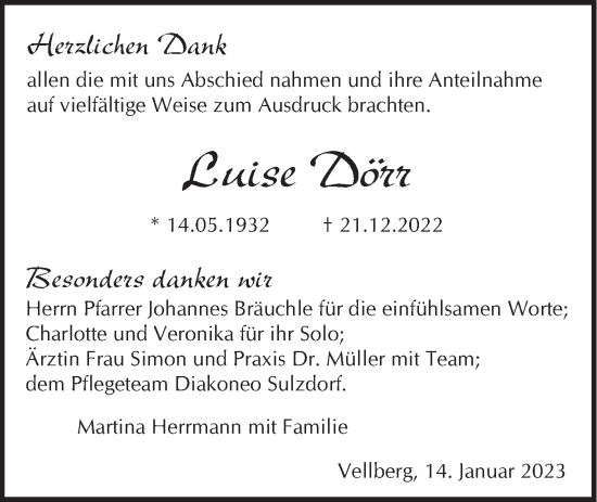 Traueranzeige von Luise Dörr von Haller Tagblatt