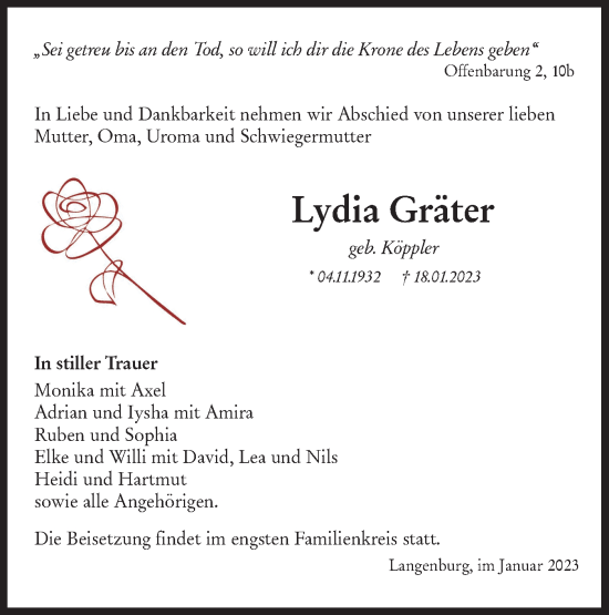 Traueranzeige von Lydia Gräter von Hohenloher Tagblatt