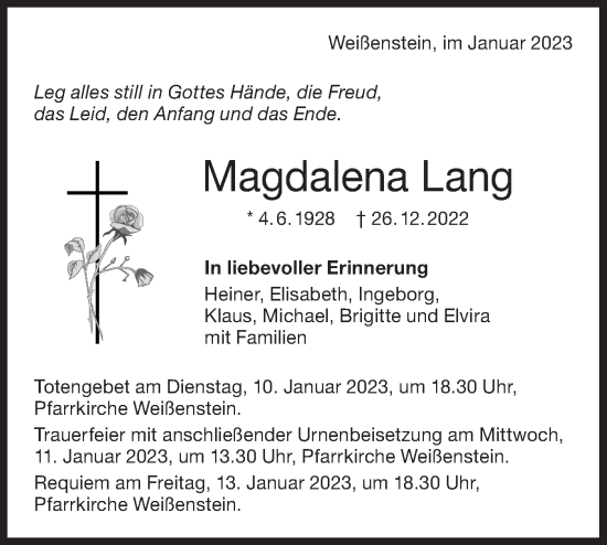 Traueranzeige von Magdalena Lang von NWZ Neue Württembergische Zeitung