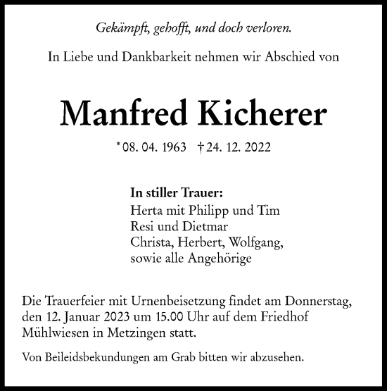 Traueranzeige von Manfred Kicherer von Metzinger-Uracher Volksblatt