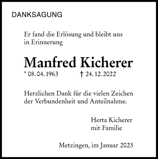 Traueranzeige von Manfred Kicherer von Metzinger-Uracher Volksblatt