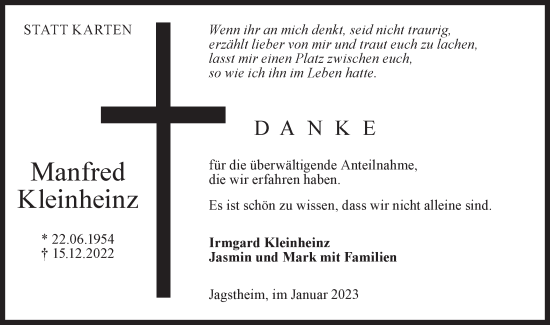 Traueranzeige von Manfred Kleinheinz von Hohenloher Tagblatt